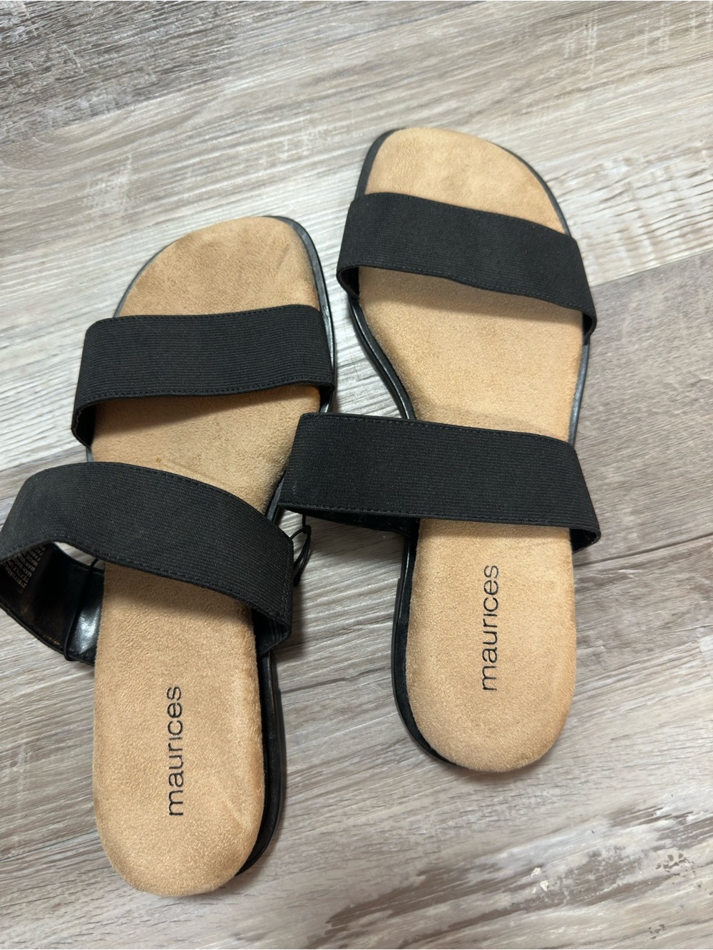 Maurices Black Double-Strap Slide Sandals with Tan Footbed